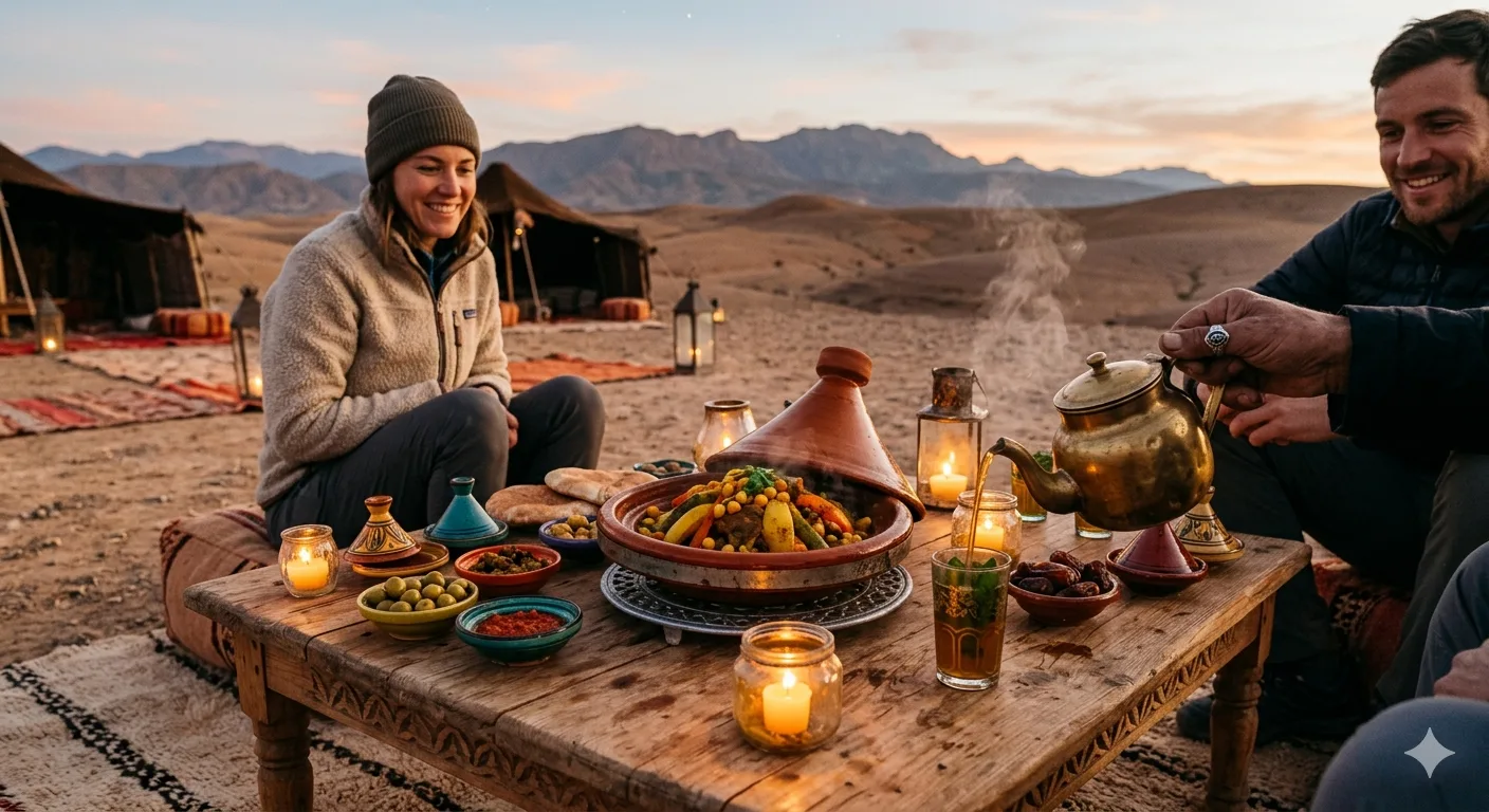 Traditional Moroccan tagine served on a low wooden table in a desert camp, mint tea being poured, warm candlelight, rich spice colors