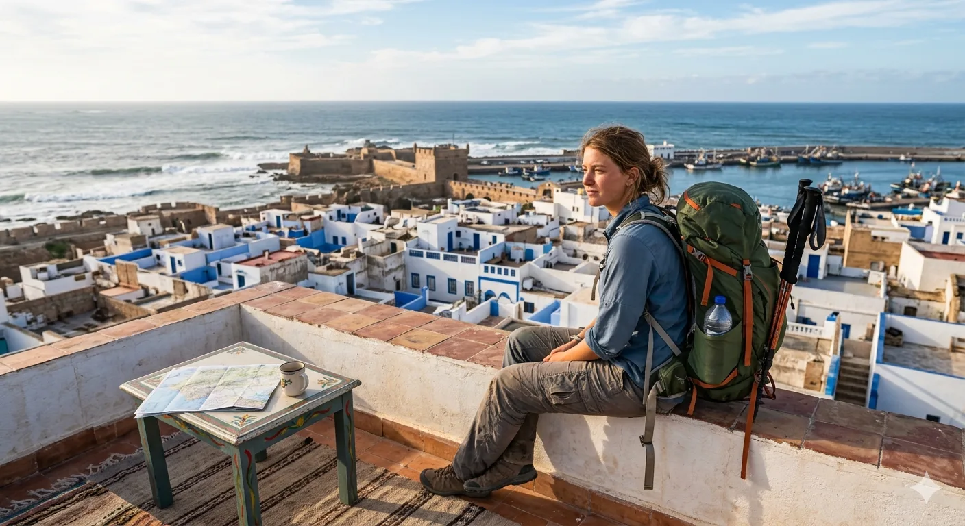Budget traveler with backpack sitting on a rooftop terrace in Essaouira, looking out over the blue-and-white medina rooftops toward the Atlantic Ocean conveys freedom and affordability