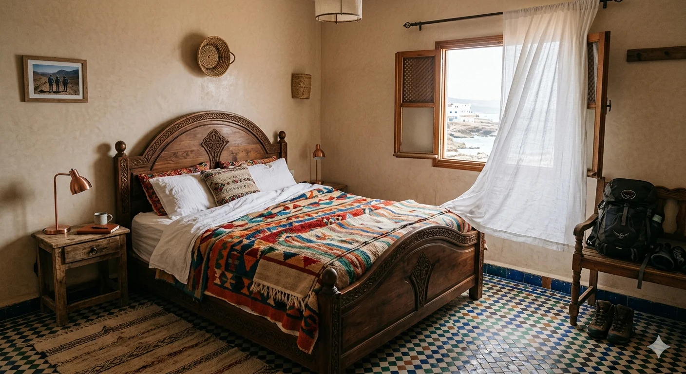 Cozy private room in a Moroccan riad-style hostel showing a traditional wooden bed frame, colourful Berber blankets, zellige tile floor, and a small window with a sea breeze curtain blowing