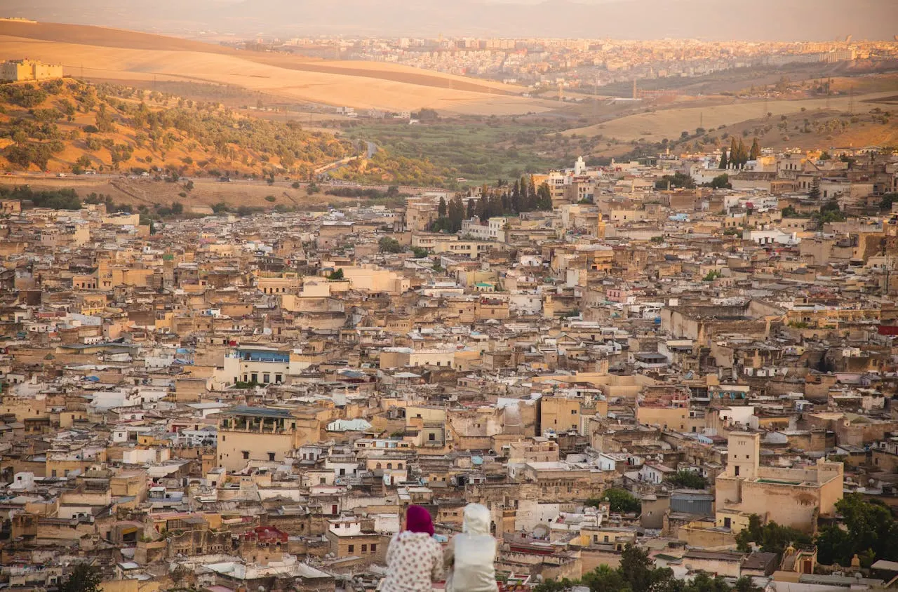 A breathtaking panoramic view of the Moroccan city of Fez, specifically the old city (Fez el-Bali)