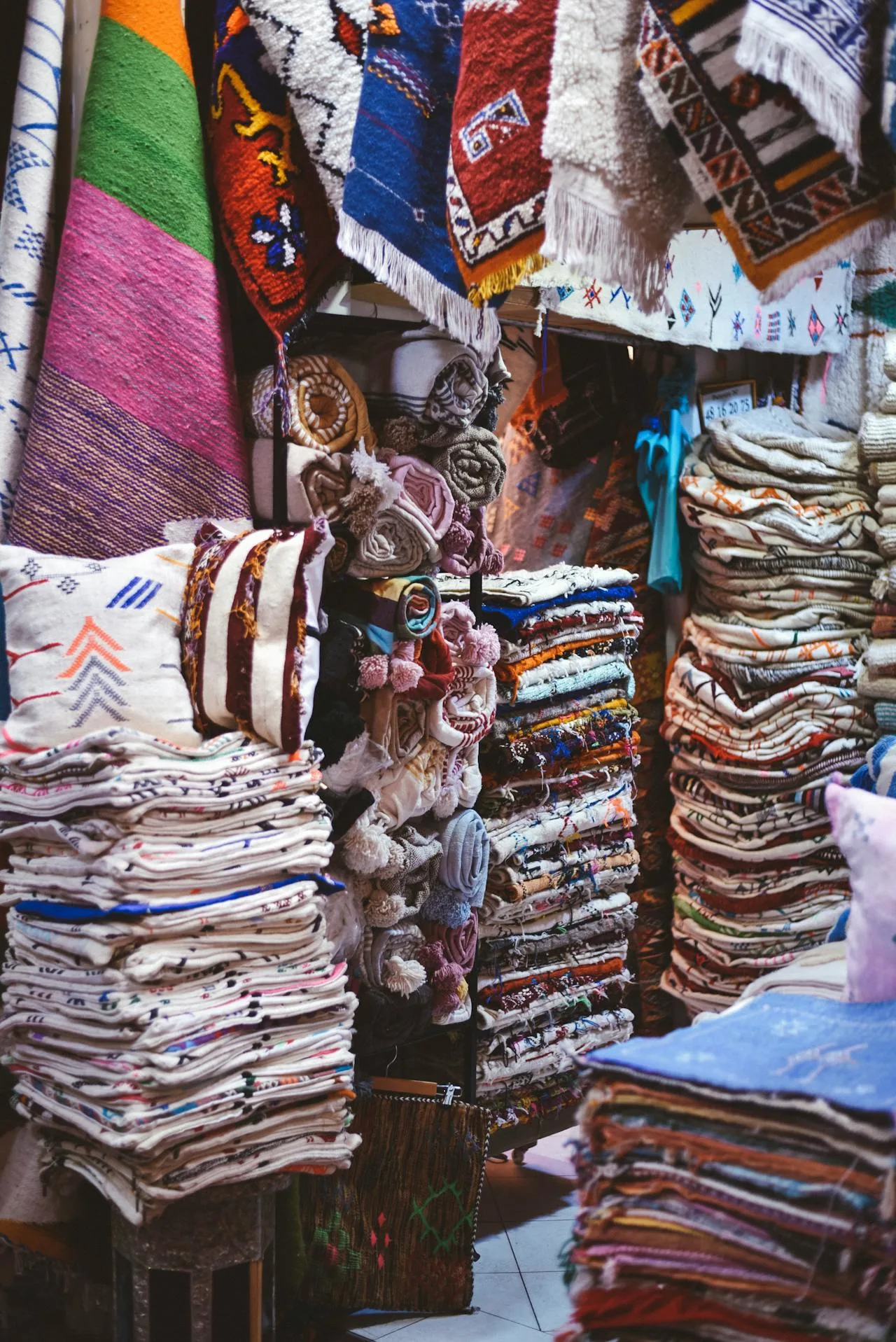 A colorful display of handwoven Berber carpets and textiles in the Agadir market.