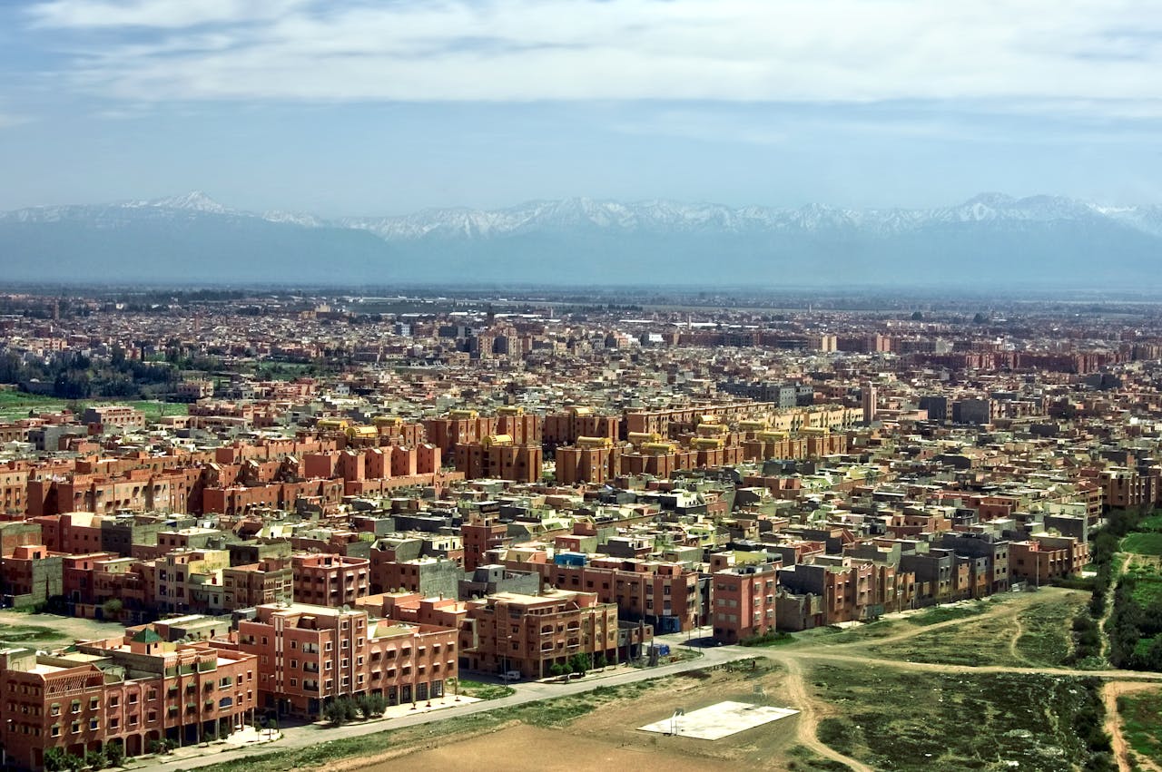 Aerial view of Marrakech Medina showing traditional architecture .