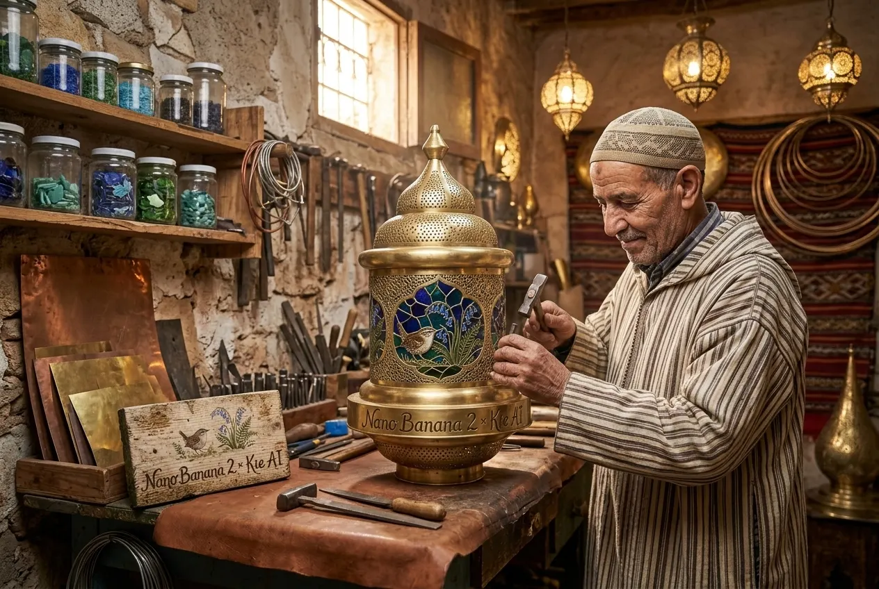 Artisan carefully crafting a traditional Moroccan lamp in his workshop