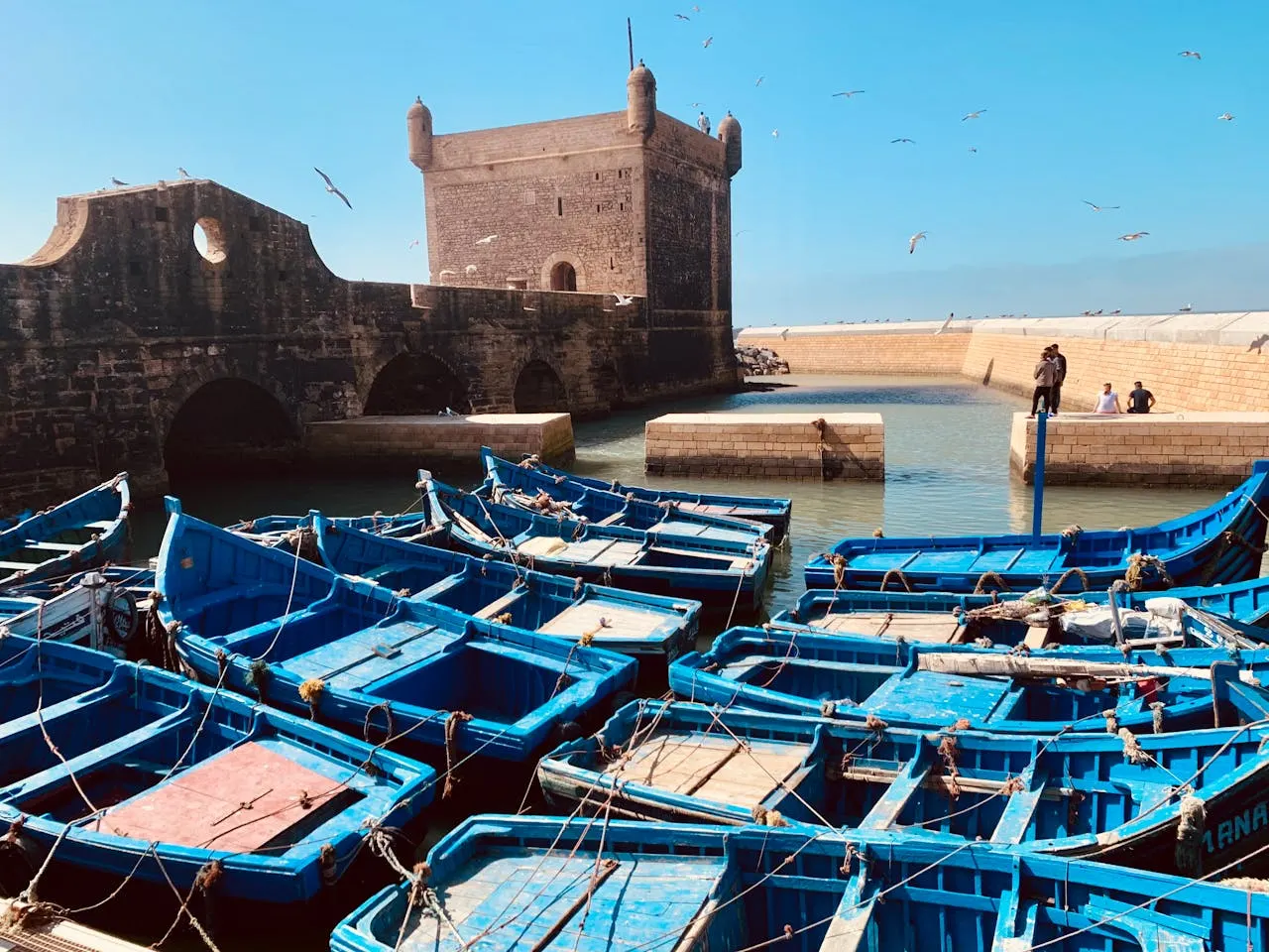 Blue fishing boats moored in Essaouira harbour with the historic 18th-century ramparts in the background