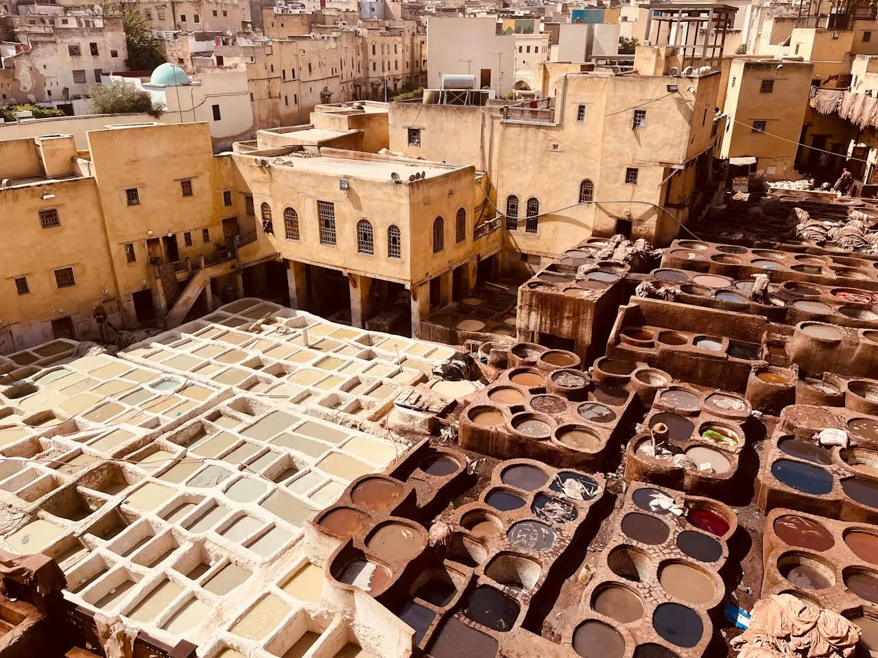 Chouara Tannery aerial view — colorful dye vats from above