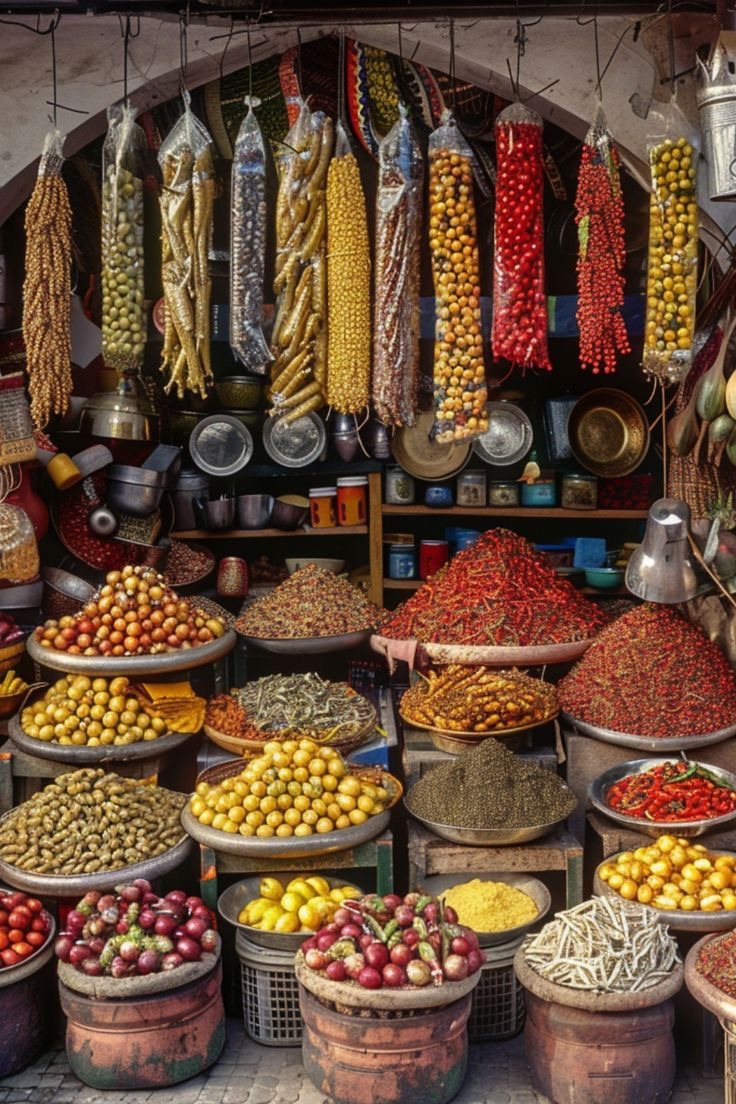 Colorful spice displays in the vibrant Marrakech souk with merchants and shoppers