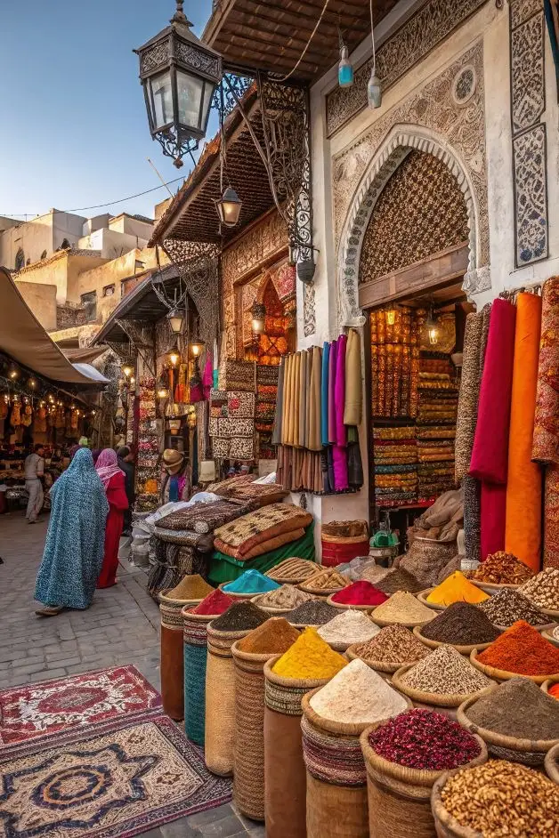Colorful spice displays in the vibrant Marrakech souk with merchants and shoppers