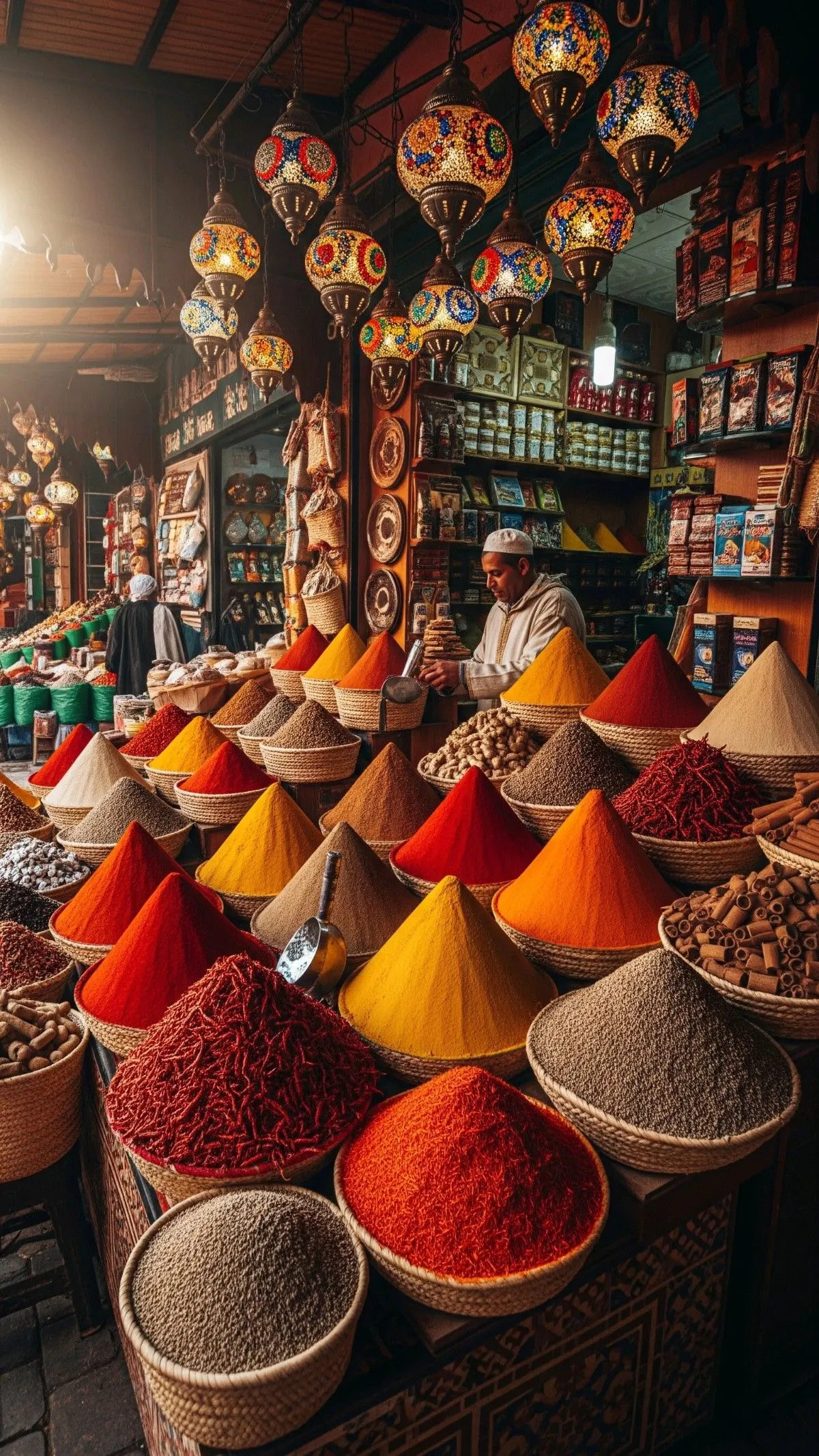 Colorful spice pyramids and herbal remedies at Souk el-Attarine in Marrakech