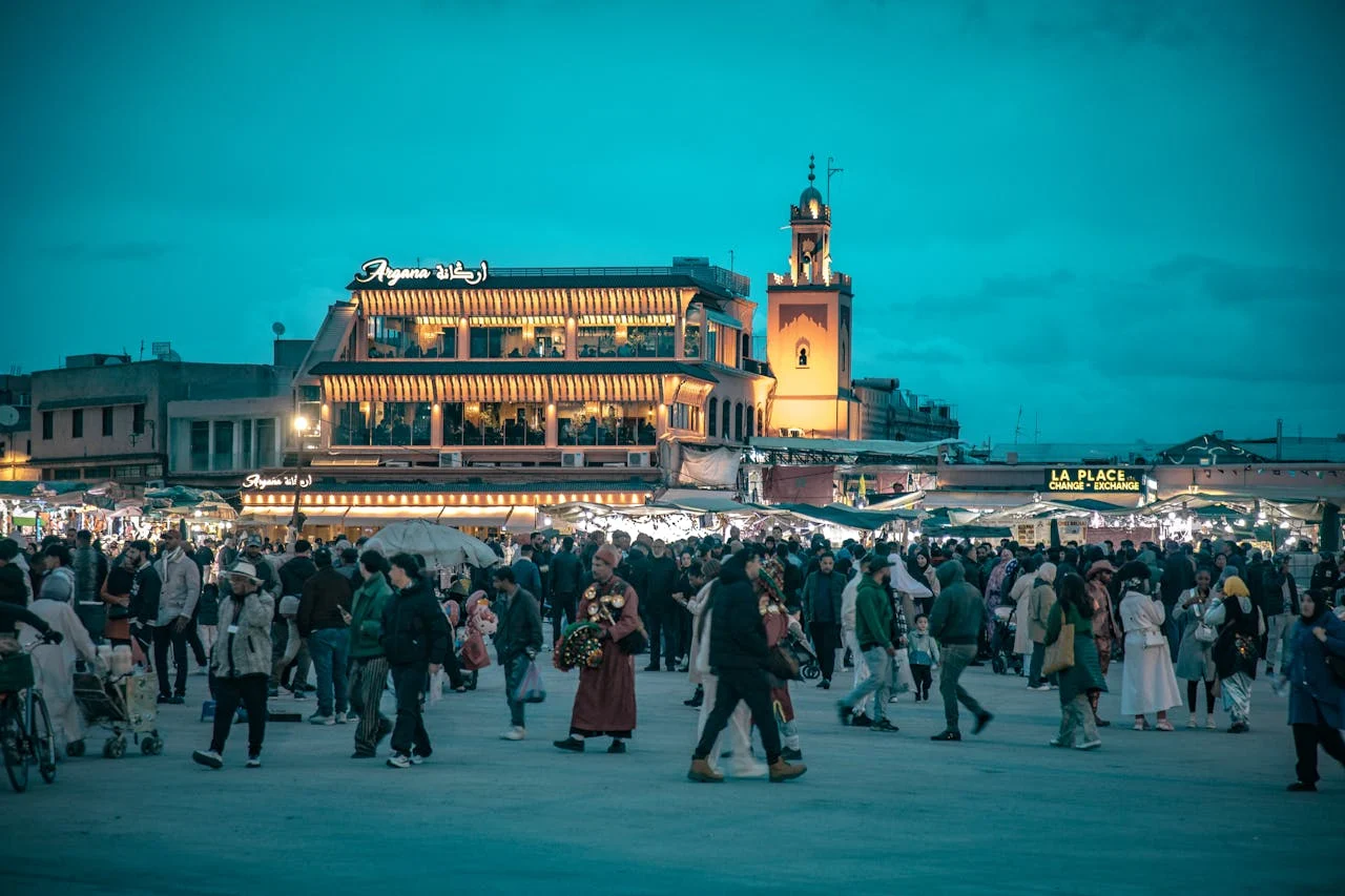 Rooftop cafe in Marrakech with panoramic view of the medina and Atlas Mountains