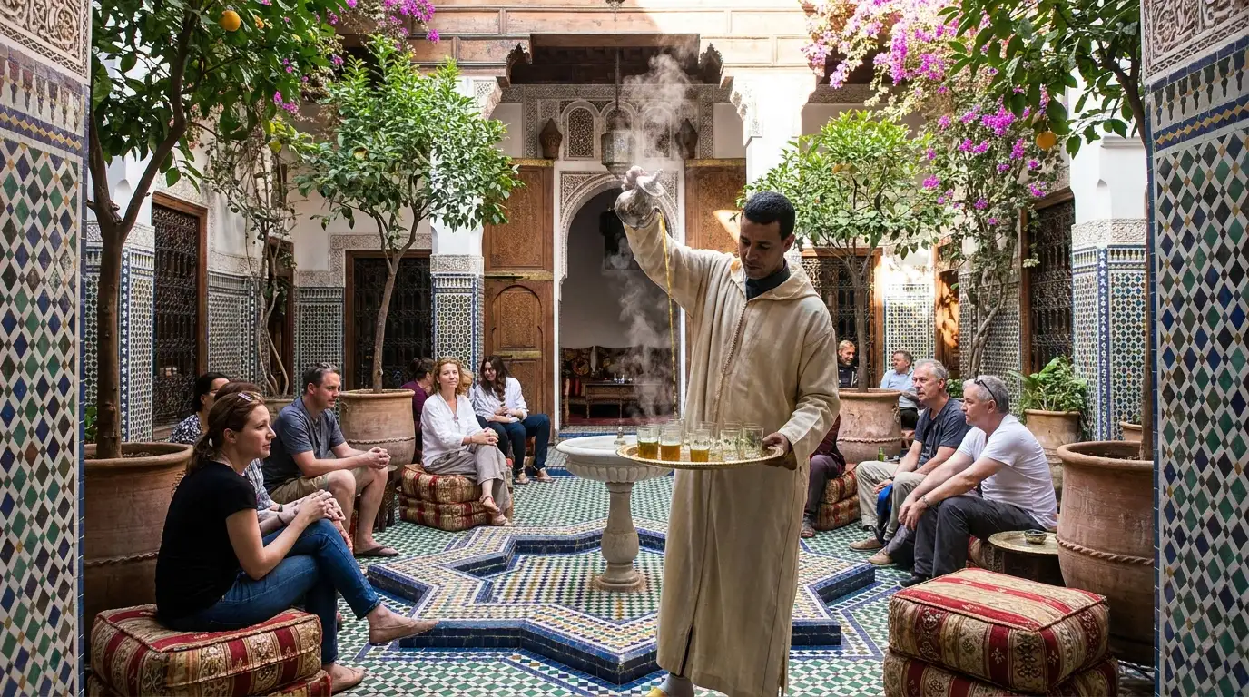 Traditional Moroccan mint tea being served in a riad courtyard in Fes
