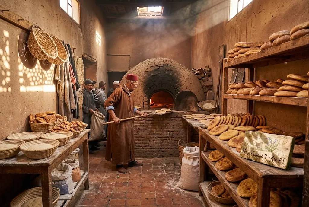 Traditional community bakery in Marrakech Medina with freshly baked Moroccan bread