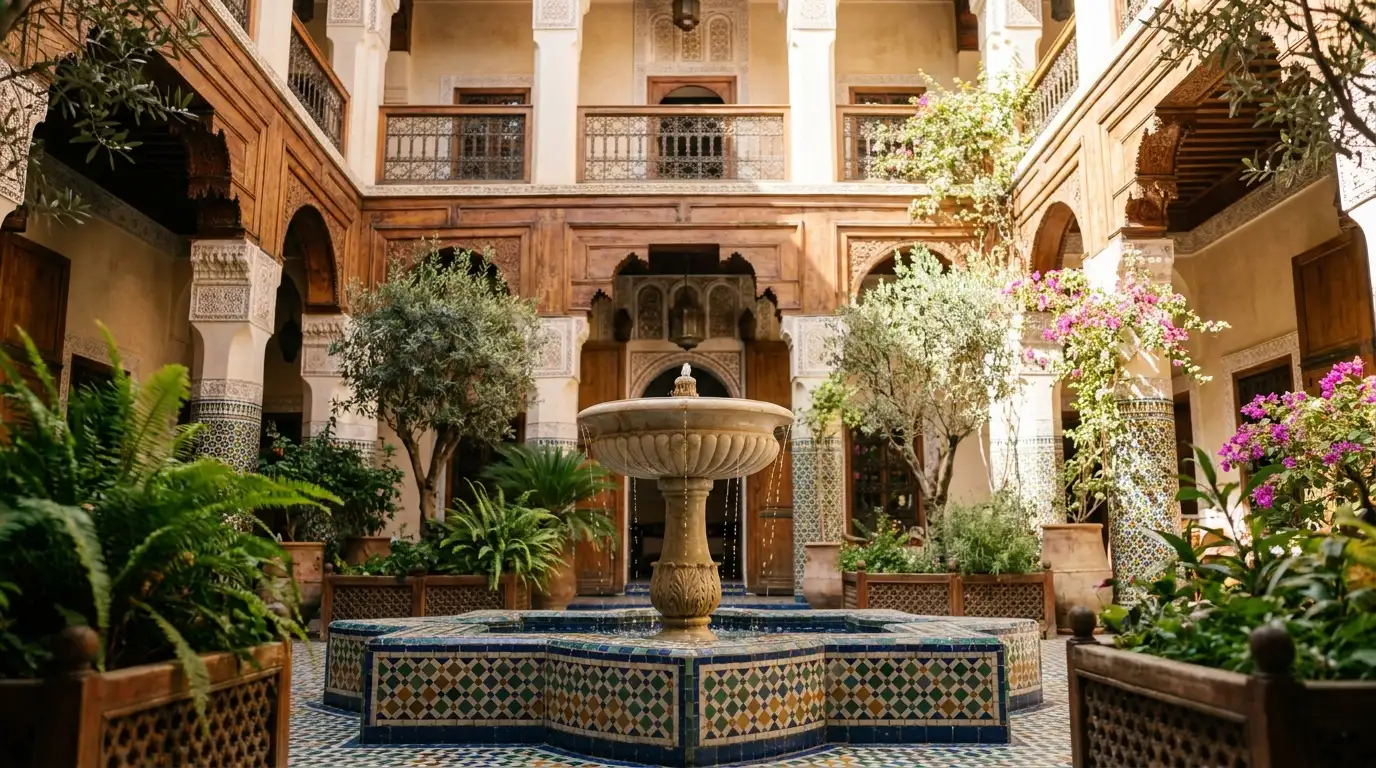 Traditional riad courtyard in Fes with fountain and zellige tilework