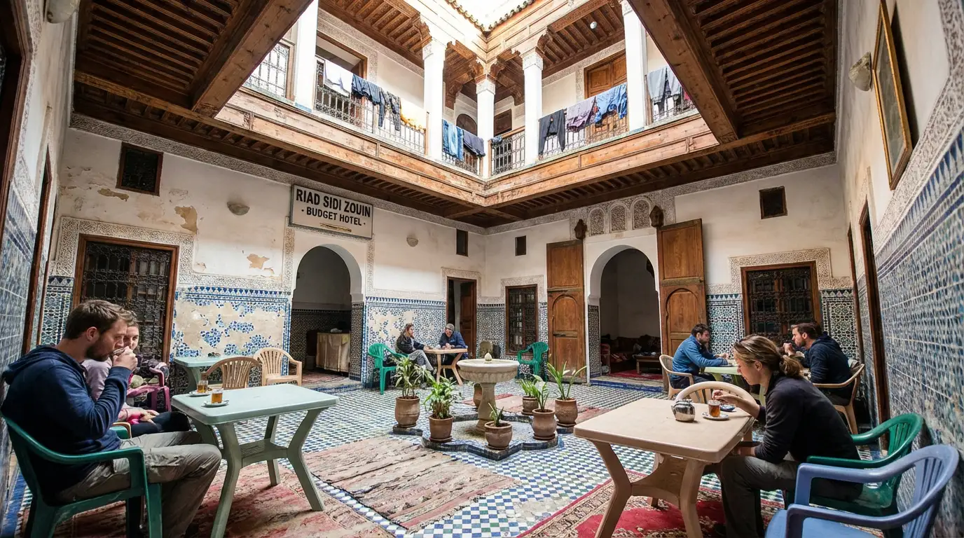 Traditional riad courtyard in a budget hotel in Fes, Morocco