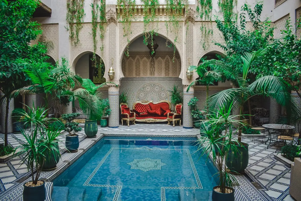 Traditional riad interior courtyard in Fes medina Morocco